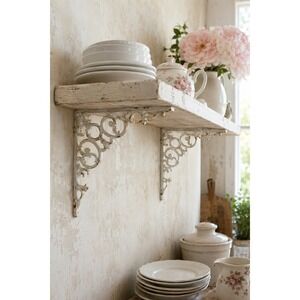 Vintage Ornate Cast Iron Shelf Brackets Pair White Scroll Corbel 8x7.5 Farmhouse